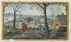Woodcutting, miniature from a set of Labours of the Months by Simon Bening, c. 1550