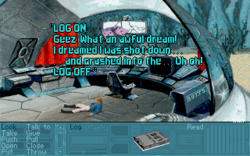Rex waking up after crash landing. Verb commands and inventory are at the bottom of the screen.