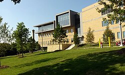 SB Hall with Braniff Tower in the background at the University of Dallas