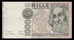 An Italian banknote issued in 1982, portraying Marco Polo