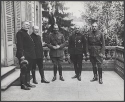 British and French leaders at Beauquesne, France, August 1916. From left to right: Joseph Joffre, Raymond Poincaré, King George V, General Ferdinand Foch; General Haig.