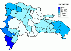 The percentage of the people of Haitian origin among the population for each province in the Dominican Republic; Pedernales has the highest proportion, 30%, and San Cristóbal the lowest, 2%. Nationwide, they are 7% of the population.[40]