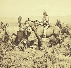 John Wesley Powell first became acquainted with the Utes along the White River in northwestern Colorado in the fall of 1868. During his expedition five years later, his photographer, Jack Hillers, captured this photograph of a young girl accompanied by a warrior, whose body, painted with yellow and black stripes, is marked for battle.