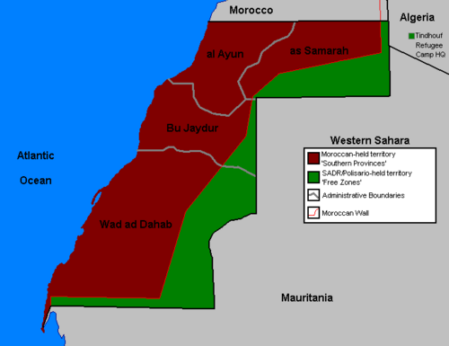 Image showing Western Sahara divided between the Moroccan-held area (in red) and the SADR-held area (in green).