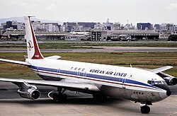 A Korean Air Boeing 707 at Fukuoka Airport in August 1987 with a previous livery. This aircraft is the only Boeing 707 ordered by Korean Air from Boeing, and was destroyed in 1987 as Korean Air Flight 858.