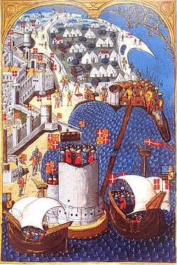 Banners of the order at the Siege of Rhodes (1480), shown as gules a cross argent, and as counter-quarterly gules a cross argent and or a cross ancrée gules (c. 1483).