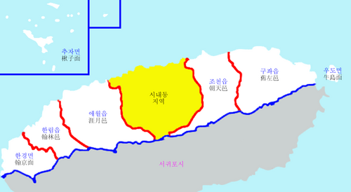 Map of Jeju City with mainly the boundaries of Myeon and Eup represented. All the dongs are represented as a whole as sinaedong (시내동).