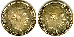 Denmark two kroner coin issued in 1912 commemorating the accession in that year of king Christian X. The king's late father, Frederik VIII is depicted on the reverse.