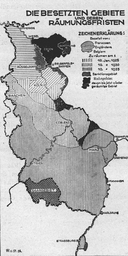 The occupation zones (Rhineland and Ruhr) 1923. Dark dotted (Saar): League of Nations (France), vertically hatched France, diagonally hatched United Kingdom, horizontally hatched Belgium, dark (Ruhr): France/Belgium