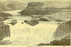 "A mile above Coleraine, the Bann, having borne the overflowings of Lough Neagh for twenty-five miles, falls over the salmon leap, a ledge thirteen feet high, where it meets salt water, and thence as a broad tidal stream, mingles with the ocean five miles farther."[12]