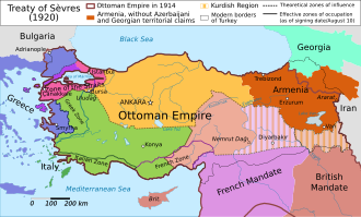 Borders of Turkey according to the Treaty of Sèvres (1920) which was annulled and replaced by the Treaty of Lausanne (1923) in the aftermath of the Turkish War of Independence led by Mustafa Kemal Atatürk.