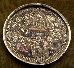 Medallion of the Death of the Virgin, with basse-taille enamel, partly fallen away