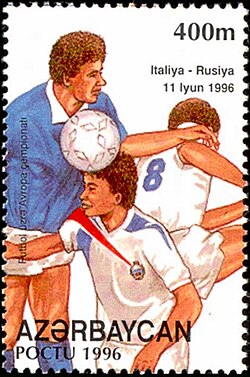 Russia's UEFA Euro 1996 match against Italy on a stamp of Azerbaijan