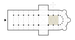 The placement of the choir within a large Latin cross church