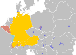 The German language in Europe: German Sprachraum: German is the official language (de jure or de facto) and first language of most of the population. German is a co-official language but not the first language of most of the population. German (or a German dialect) is a legally recognized minority language (squares: geographic distribution too dispersed/small for map scale). German (or a variety of German) is spoken by a sizeable minority but has no legal recognition.
