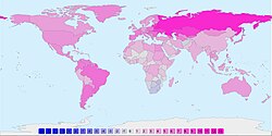 Pink: Countries where female life expectancy at birth is higher than males. Blue (excluding oceans): A few countries in southern Africa where females have shorter lives due to AIDS. (2015)[90]