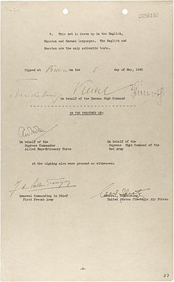 Third and last page of the instrument of unconditional surrender signed in Berlin on 8 May 1945