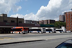 NICE and MTA buses at the 165th Street Bus Terminal in Queens, 2018