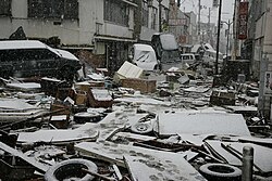 Snowfall in Ishinomaki, 16 March. Snow fell across several areas where the tsunami struck, further worsening the conditions and hampering rescue efforts.