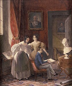 14-year-old Emperor Pedro II of Brazil with his older sisters, Princesses Francisca and Januária. Painting by Adolphe Hastrel de Rivedoux, 1839