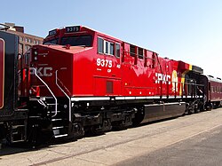 CP 9375 is displayed as part of the 2816 'Final Spike tour' event at Kansas City Union Station. The 9375 is the first locomotive to receive the CPKC corporate paint scheme.