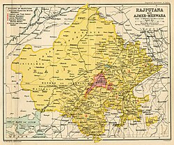 The map of the Rajputana Agency in 1909 from the Imperial Gazetteer. Legend: princely states are in yellow