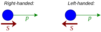 Left- and right-handed particles: p is the particle's momentum and S is its spin. Note the lack of reflective symmetry between the states.