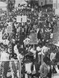 March Against Racism arriving at King Neighborhood Facility, April 4, 1981. Photo from The Portland Advocate front-page story from May 1981.