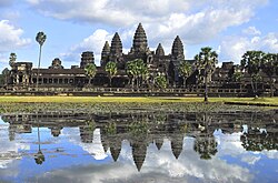 The Angkor Wat in Cambodia, a Hindu-Buddhist temple and the largest religious monument in the world