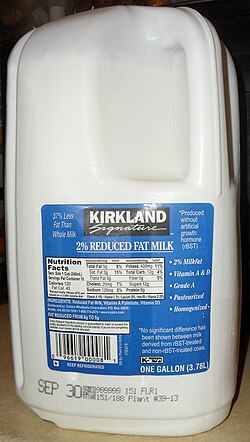 A rectangular milk jug design used by Costco and Sam's Club stores in the United States which allows for stacking and display of filled containers rather than being shipped to the store in milk crates and manual loading into a freezer display rack