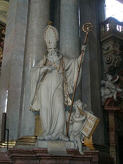 Statue of Saint Basil, depicting him in the vestments of a Roman Catholic bishop, at the 18th-century Church of St. Nicholas in Prague, Czech Republic