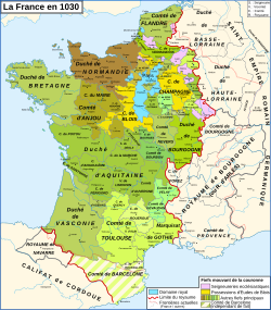 The Kingdom of France in 1030 with the kingdom's royal domain in light blue