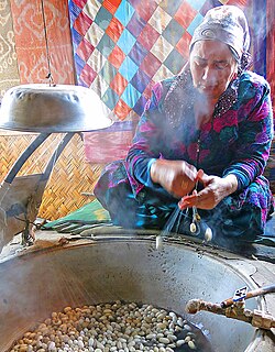 Silkworms were domesticated for silk over 5,000 years ago.[157][158] Here, silk cocoons are being unrolled.