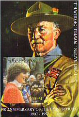Turkmen postage stamps with Scout motifs, juxtaposing Baden-Powell and Princess Diana