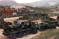 British Army vehicles in a staging area before being deployed to Bosnia