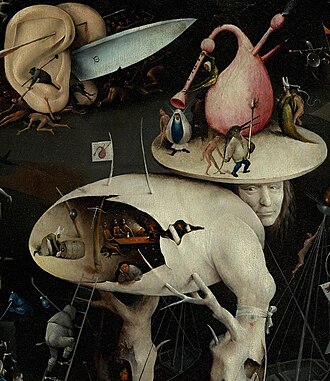 The "Tree-Man" of the right panel, and a pair of human ears brandishing a blade. A cavity in the torso is populated by three naked persons at a table, seated on an animal, and a fully clothed woman pouring drink from a barrel.