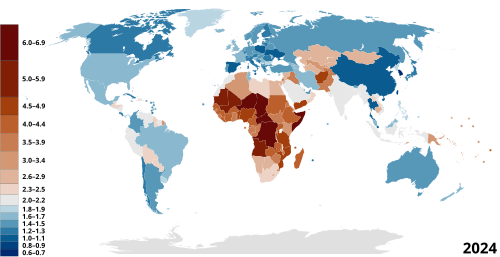 Map of countries by total fertility rate (2022–2023), referring to the average number of children that are born to a woman over her lifetime, according to the Population Reference Bureau.[91]