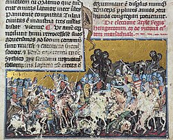 The depicted battle is the legendary Battle of Zeiselmauer when the Huns conquered Pannonia from the Romans (Chronicon Pictum, 1358)