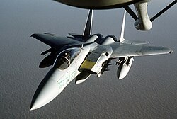 An RSAF F-15 approaches a KC-135 for refueling during Operation Desert Shield.
