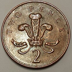 The feathers on a British two pence coin