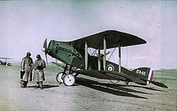 Hand coloured photo of a Bristol F.2B Fighter of No. 1 Squadron, Australian Flying Corps flown by Ross Smith in Palestine, February 1918.