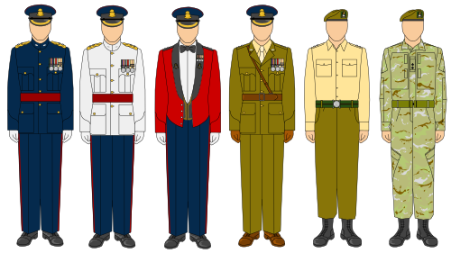 A selection of uniforms mostly worn in the British Army as worn by the Royal Yorkshire Regiment. (Now with a red band around the cap, signifying that the regiment is a royal regiment.)