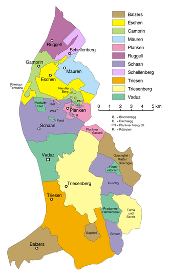 Administrative divisions of Liechtenstein, showing numerous exclaves