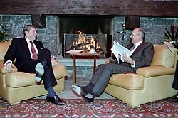 Mikhail Gorbachev in one-to-one discussions with US President Ronald Reagan