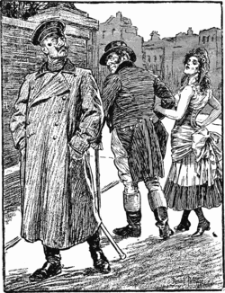 A 1904 British cartoon commenting on the Entente cordiale: John Bull walking off with Marianne, turning his back on Wilhelm II, whose sabre is shown extending from his coat