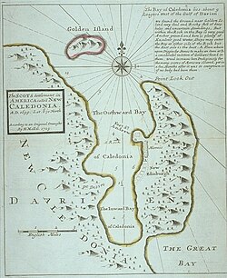 "New Caledonia", the ill-fated Scottish Darien scheme colony in the Bay of Caledonia, west of the Gulf of Darién