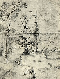 Hieronymus Bosch, Man Tree, c. 1470s. The "Tree-Man" of the right-hand panel, depicted in an earlier drawing by Bosch. This pen and bistre version contain no suggestion of Hell, yet its outline was adapted into one of The Garden's most memorable grotesques.[42]