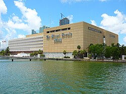 The Miami Herald's former headquarters on Biscayne Bay in the Arts & Entertainment District of Downtown Miami; the paper moved from its waterfront headquarters in 2013 to a location in suburban Doral.[needs update] The Herald building was demolished in 2014.
