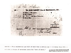 A gas bill from Baltimore, Maryland, 1834, for manufactured coal gas, before the introduction of ground-extracted methane gas.