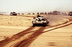 British Challenger 1 tanks during the Gulf War. The British Challenger tank was the most efficient tank of the Gulf War, suffering no losses while destroying approximately 300 Iraqi tanks during combat operations.[226]